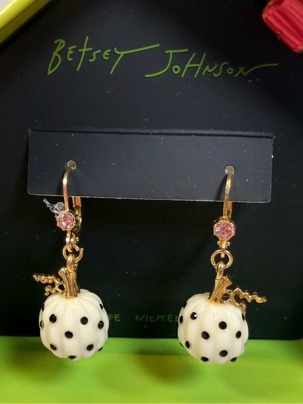 Betsey Johnson White Pumpkin Drop Earrings with Pink Crystal Accent